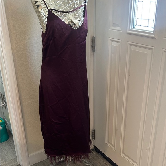 Bailey / 44 Leilani Burgundy Slip Dress with Feather Hem - Picture 2 of 12